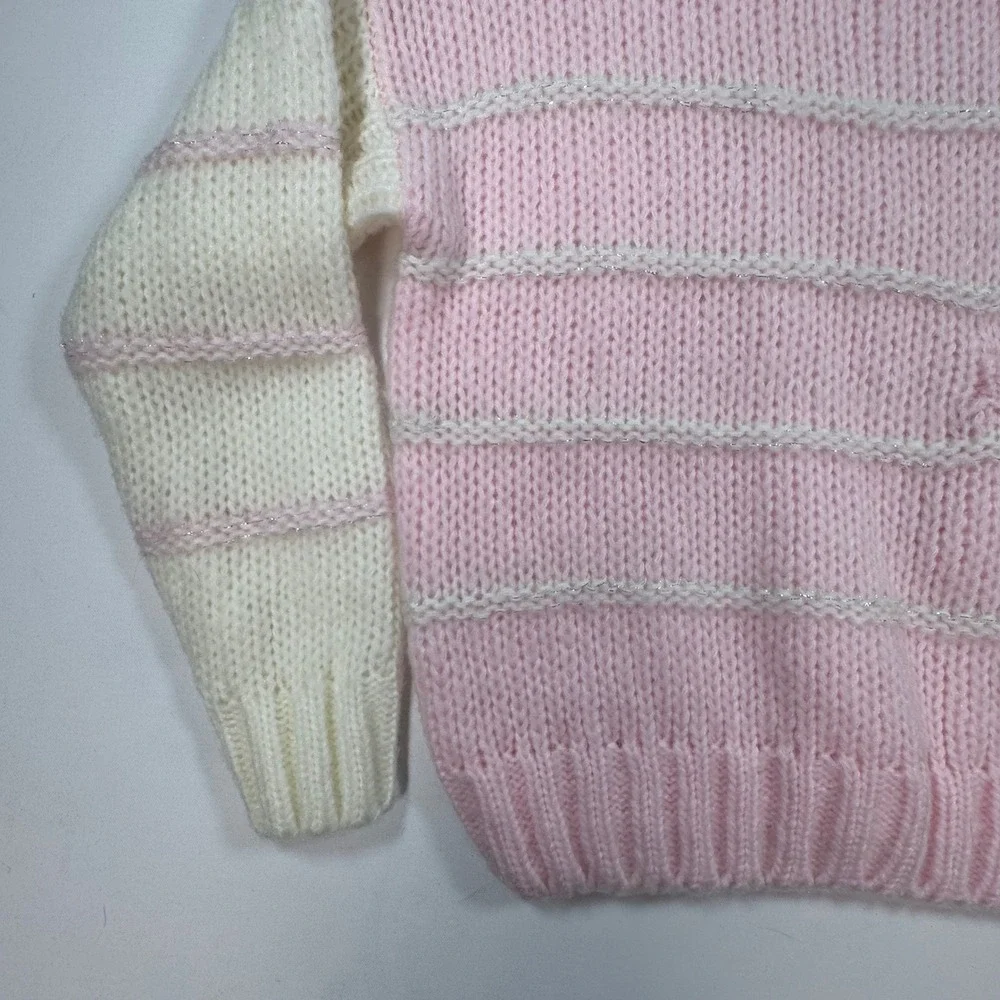 Vintage Maison Gabriel Pink Cream Striped Mock Neck Knit Sweater Metallic M